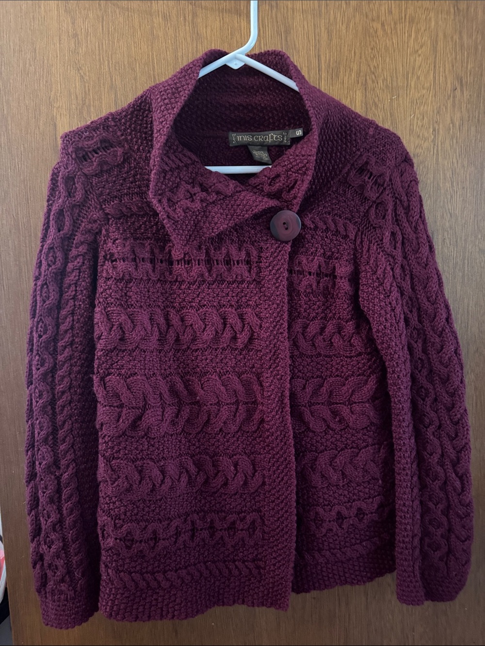 Mrs. Crafts Cable-Knit Button Cardigan Sweater in Deep Wine